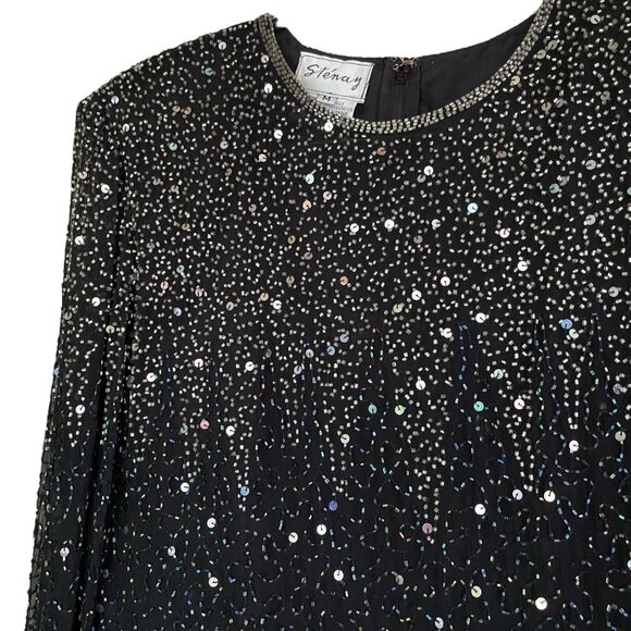 Vtg Stenay Silk Sequined Beaded Sheer Sleeve Evening Top Black Silver Size M - Picture 3 of 6